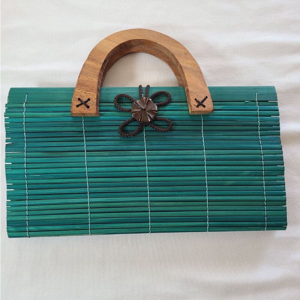 Teal Bamboo Clutch Wood Handle Handbag Lined Boho Summer Beach Vacation Purse Mi